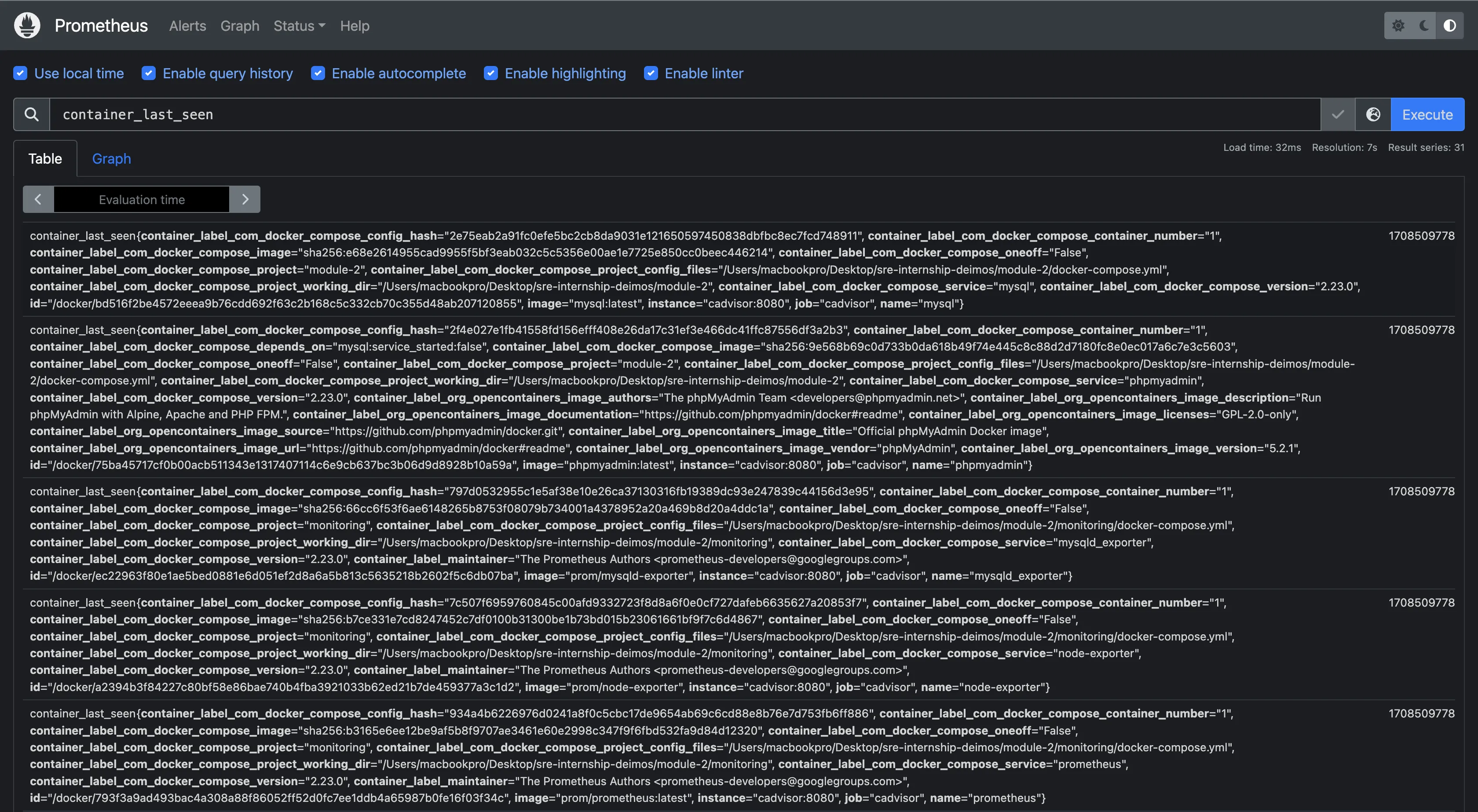 Table visualization in Prometheus