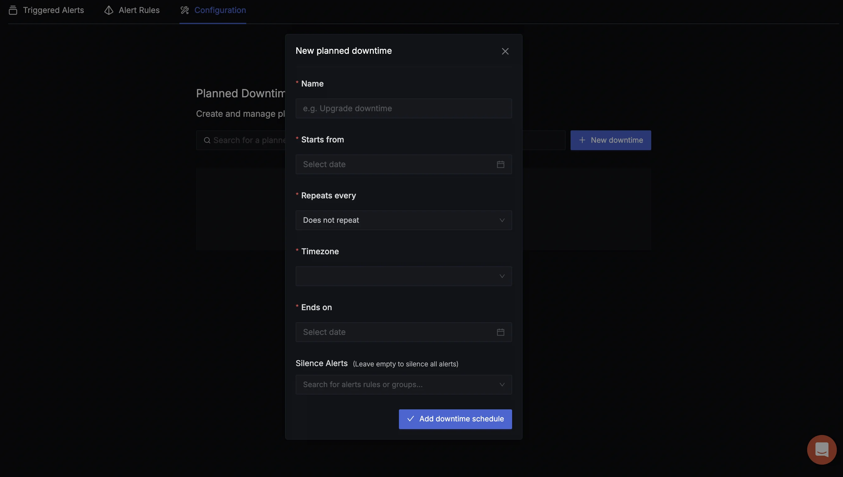 Create a planned downtime to prevent unnecessary alerts