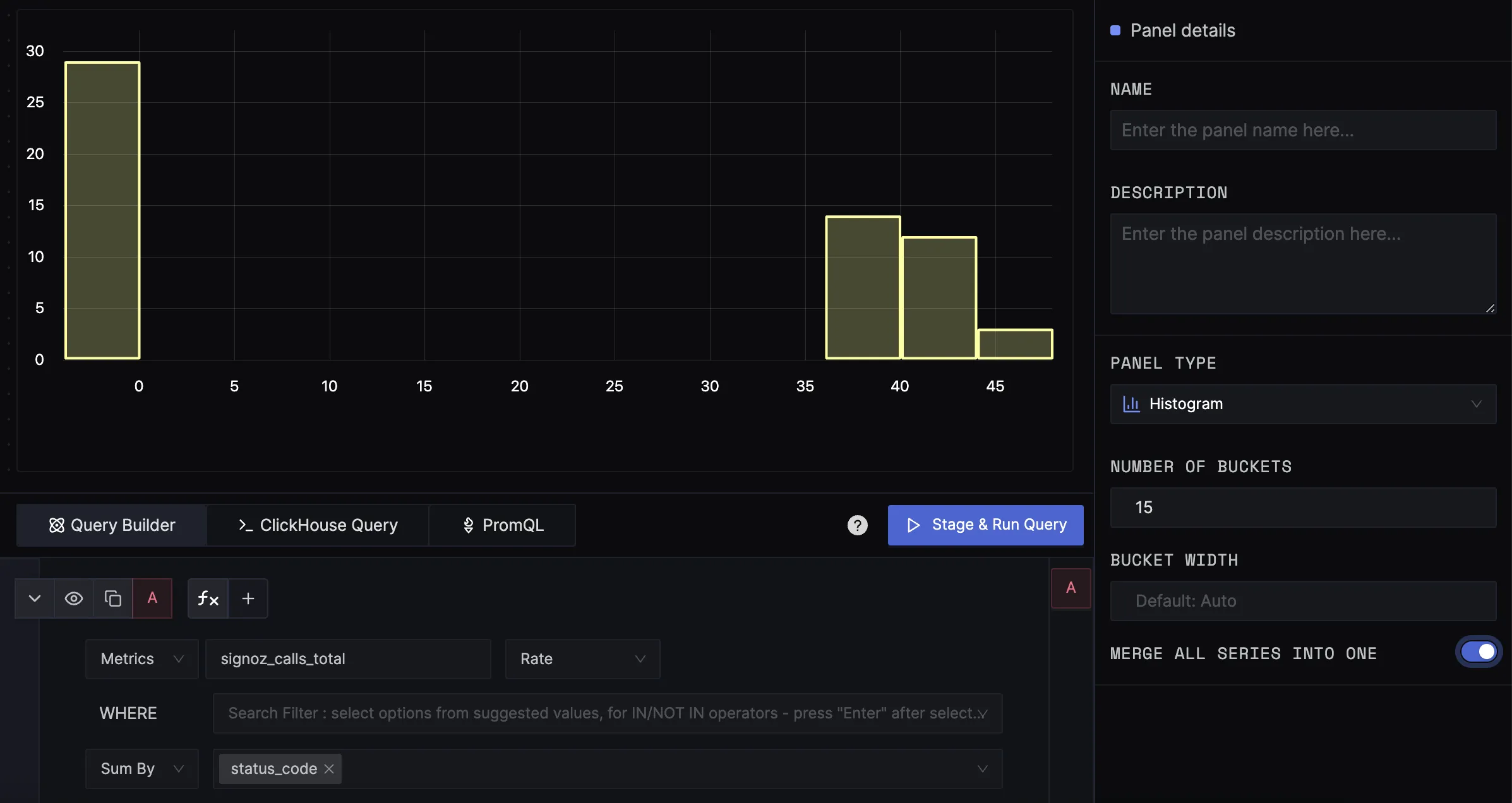 Histogram with two series merged into one and 15 buckets