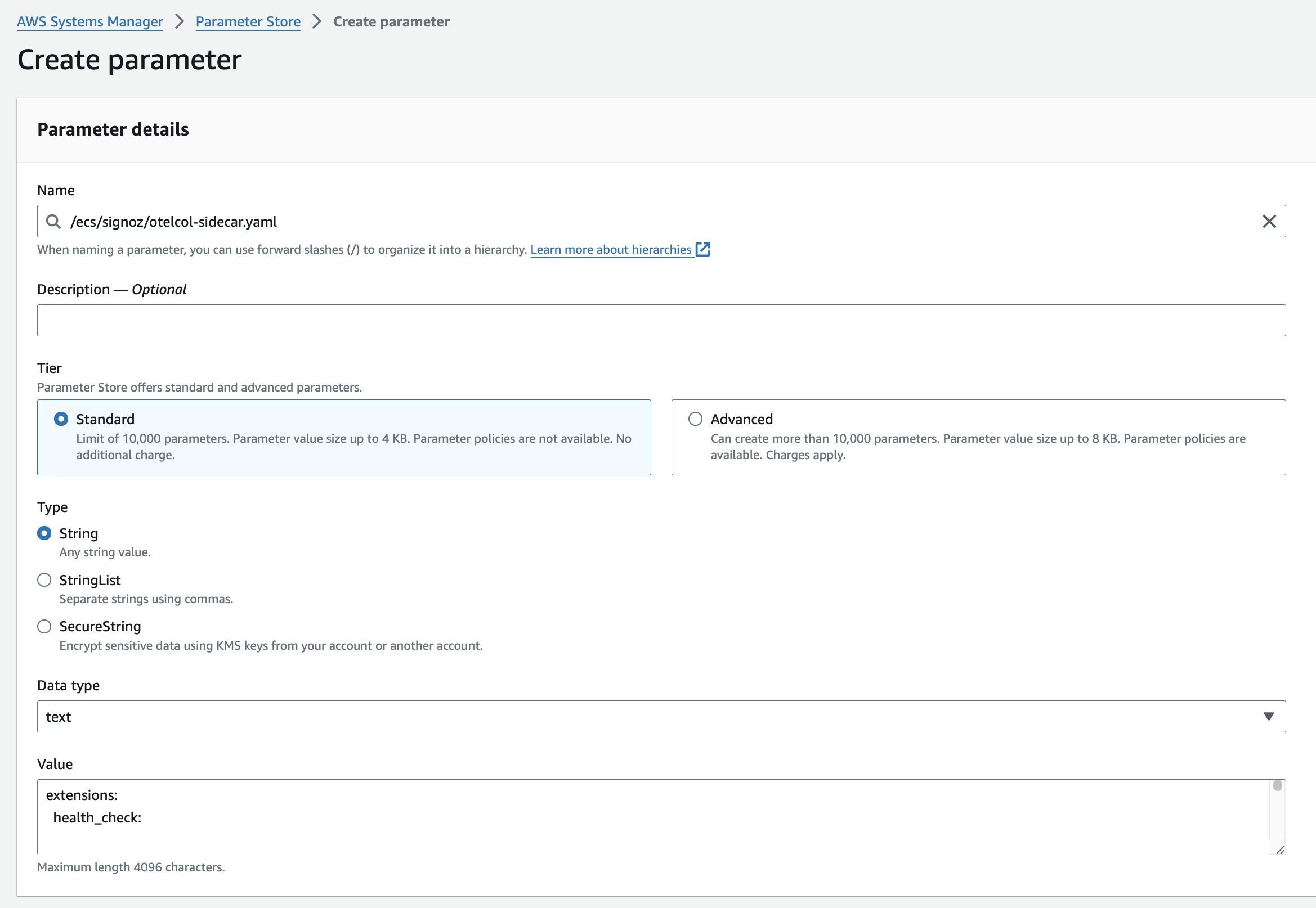 otelcol-sidecar parameter in AWS Parameter Store