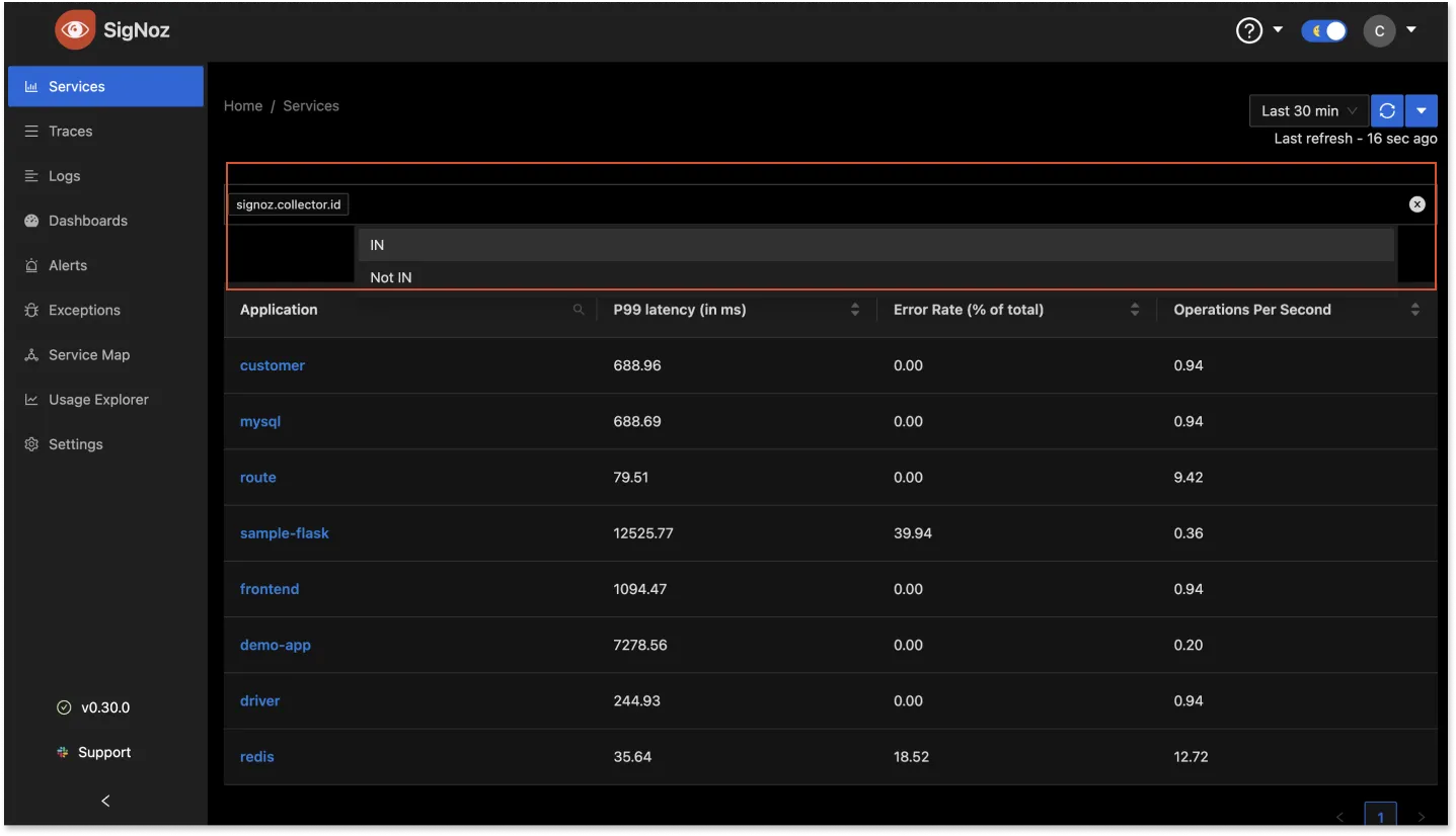 SigNoz UI showing how to filter your application using attributes