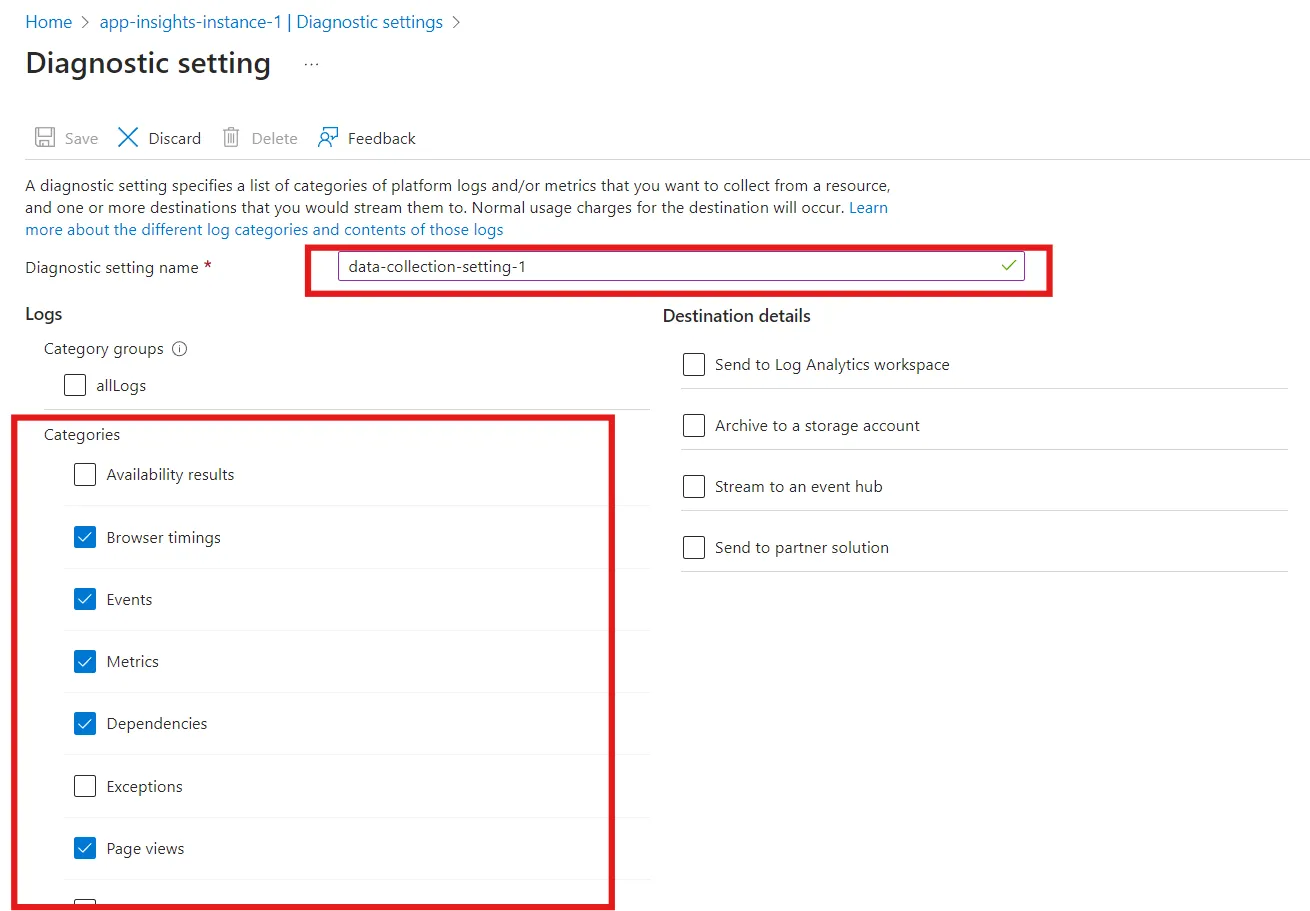 Data collection configuration in Azure application insights